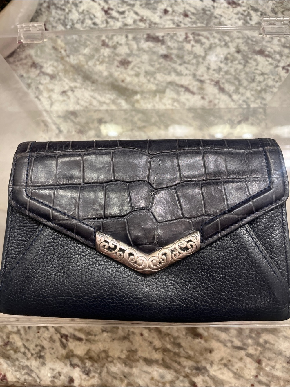 Brighton Navy Croc-Texture & Pebble Leather Envelope Clutch with Silver Accent